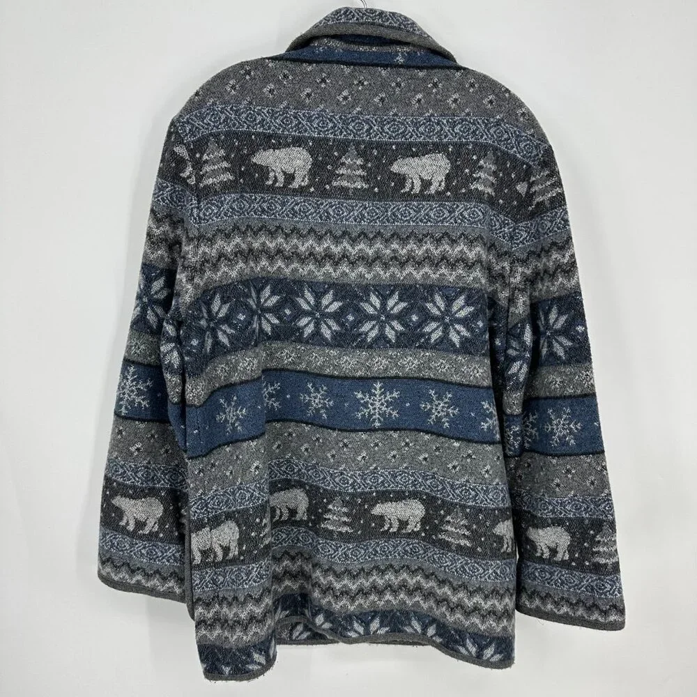 Vintage Fair Isle Wool Jacket M Bear Trees Shacket Button Down Gray Blue